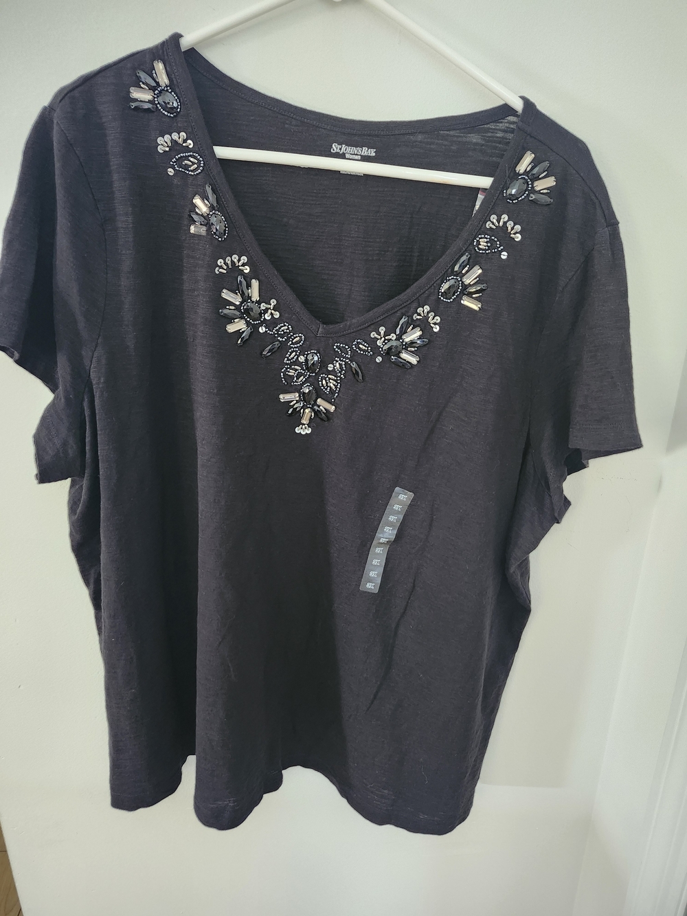 St. John's Bay Black Short-Sleeve V-Neck Tee with Beaded Neckline